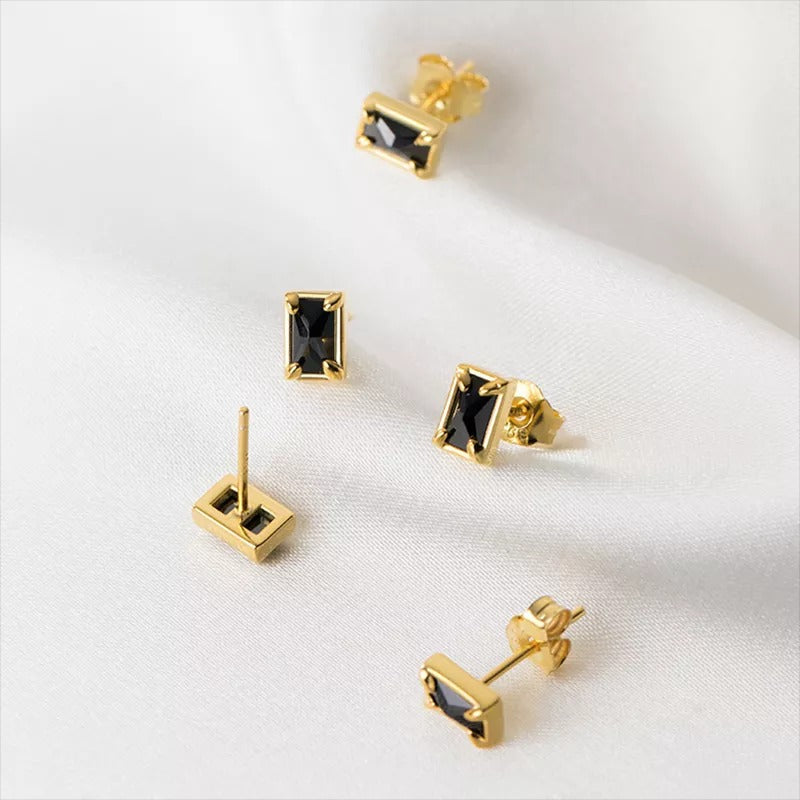 Anyco Fashion Earrings Gold 925 Sterling Silver Black Luxury Zircon Simple Square Small Stud for Women Jewelry-Earrings-PEROZ Accessories