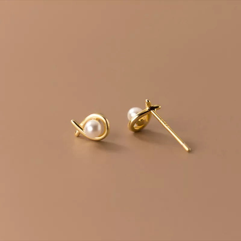 Anyco Fashion Earrings Gold 925 Sterling Silver Simple Geometric Line Synthetic Pearl Small Stud for Women Piercing Jewelry-Earrings-PEROZ Accessories