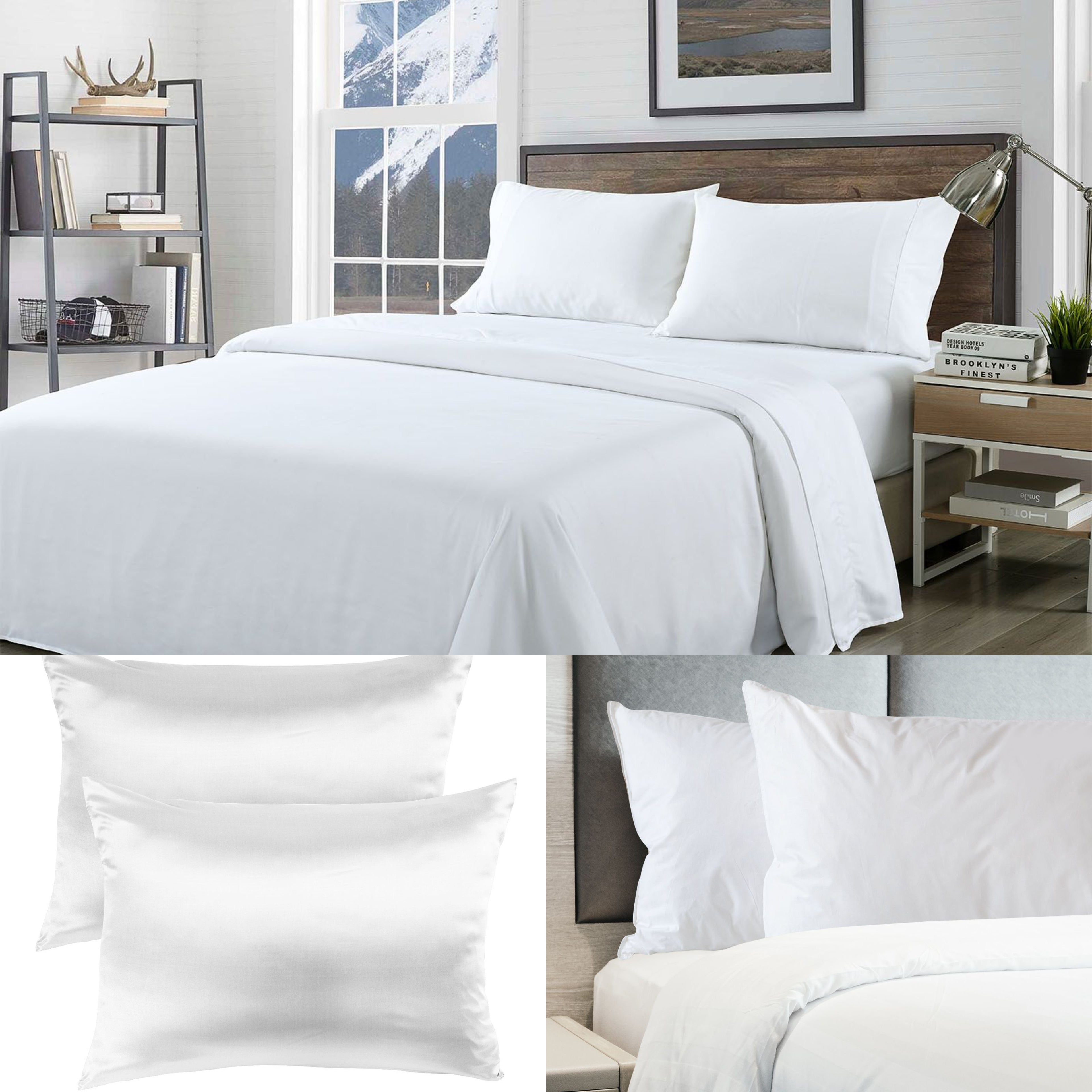Bamboo Blend Sheet Set+Duck Down Pillows+Silk Pillowcase Bundle Queen-Bed Linen-PEROZ Accessories