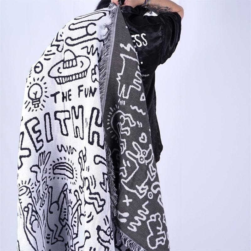 Anyhouz Jacquard Weave Graffiti Throw Blanket Cozy Sofa Couch Bed Cover Outdoor Camping Mat Home Decor Tapestry with Tassel-Blankets-PEROZ Accessories