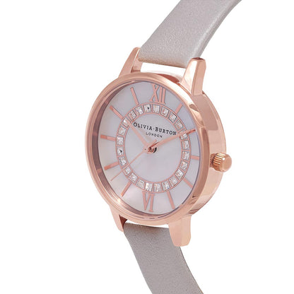 Olivia Burton Steel Grey Leather White Mother Of Pearl &amp; Stone Dial Ladies Watch - OB16WD92-Quartz Watches-PEROZ Accessories