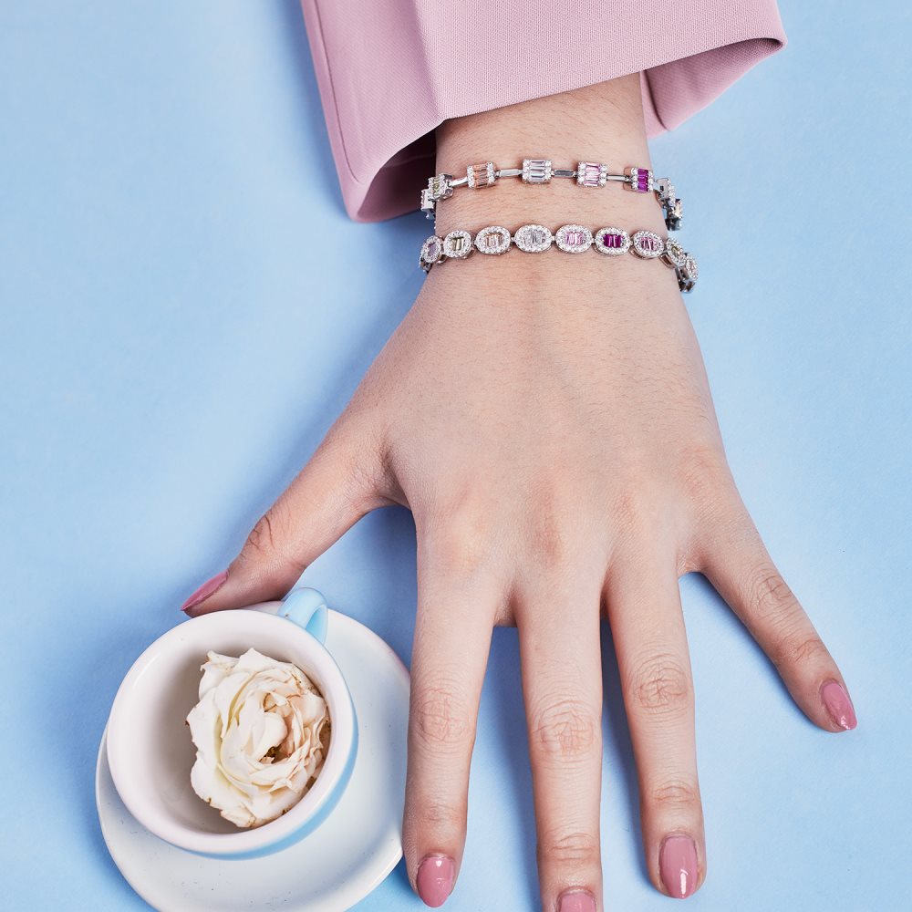 Anyco Bracelet Bling S925 Sterling Silver Bracelet Jewelry Set Cubic Zirconia Colorful Pink Stone Diamond Tennis Bracelets Women-Bracelets-PEROZ Accessories