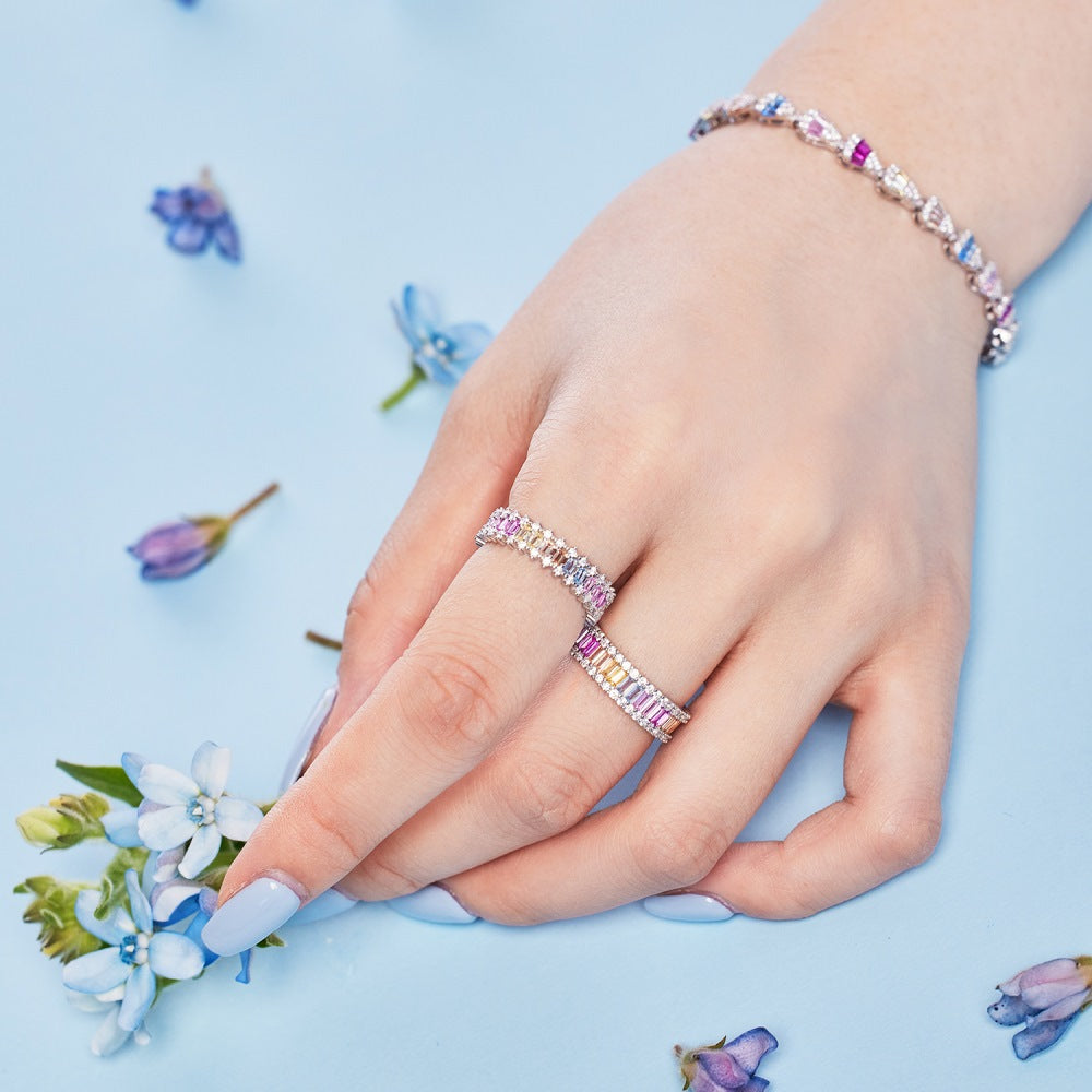 Anyco Bracelet Trapezoid Cuba Chain Link 925 Sterling Silver Bracelet Jewelry Set Cubic Zircon Pink Stone Diamond Tennis Bracelets Women-Bracelets-PEROZ Accessories