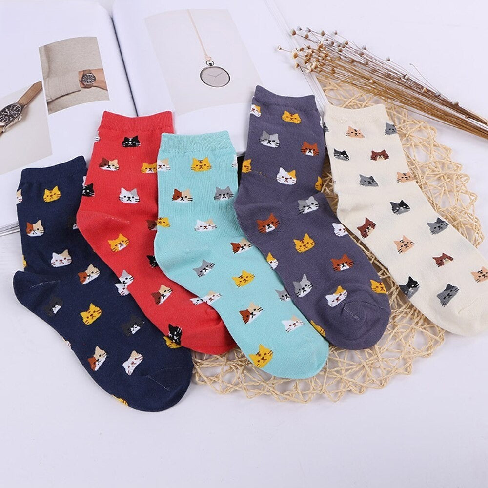 Anysox 5 Pairs Red Cat Size 5-9 Fashion Socks High Quality Office Sports Bussiness Long Socks Cotton Solid Colors Skateboard Knitted Casual-Socks-PEROZ Accessories