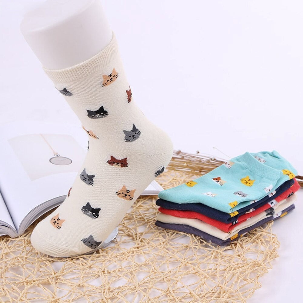 Anysox 5 Pairs Red Cat Size 5-9 Fashion Socks High Quality Office Sports Bussiness Long Socks Cotton Solid Colors Skateboard Knitted Casual-Socks-PEROZ Accessories