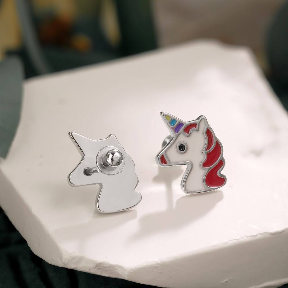 Anyco Earrings Unicorn Shape Hypoallergenic Nickel 925 Sterling Silver CZ Cubic Zirconia Tiny Enamel Stud Earrings for Kid-Earrings-PEROZ Accessories