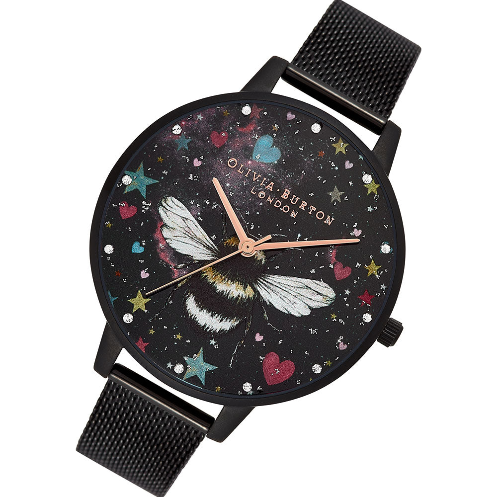 Olivia Burton Ionic Plated Black Steel White Mother Of Pearl & 3D Print & Stone Dial Ladies Watch - OB16WG87-Quartz Watches-PEROZ Accessories