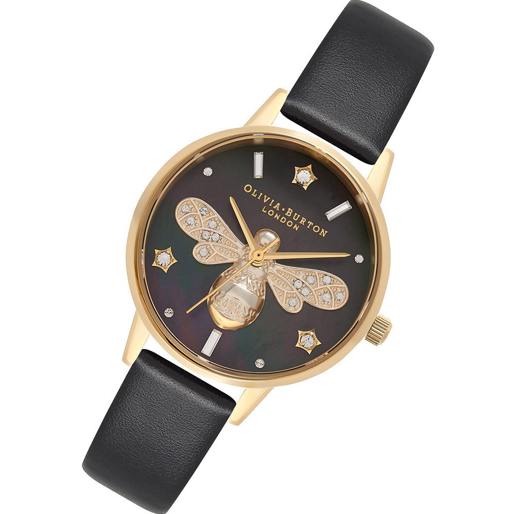 Olivia Burton Black Leather Black Mother-Of-Pearl Dial Ladies Watch - OB16GB08-Quartz Watches-PEROZ Accessories