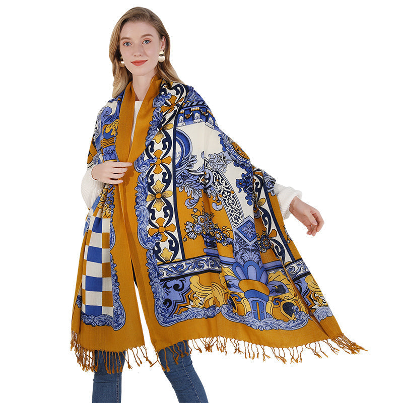 Anyyou 100% Merino Wool Mustartd Yellow Patterns Silk Satin Large Winter Scarf Pashmina Shawl Bandana Perfect For Women Ladies Fashion Style-Scarves-PEROZ Accessories