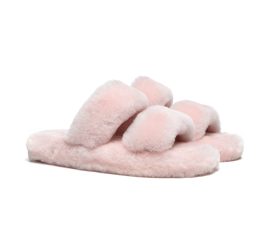 Australian Shepherd Double Strap Sheepskin Wool Fluffy Slides Women Jessica-Slides-PEROZ Accessories
