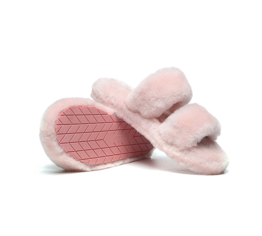 Australian Shepherd Double Strap Sheepskin Wool Fluffy Slides Women Jessica-Slides-PEROZ Accessories