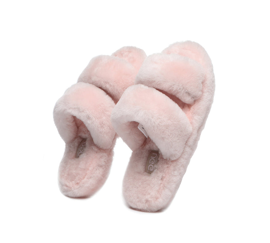 Australian Shepherd Double Strap Sheepskin Wool Fluffy Slides Women Jessica-Slides-PEROZ Accessories