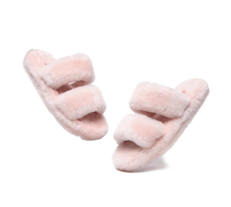 Australian Shepherd Double Strap Sheepskin Wool Fluffy Slides Women Jessica-Slides-PEROZ Accessories