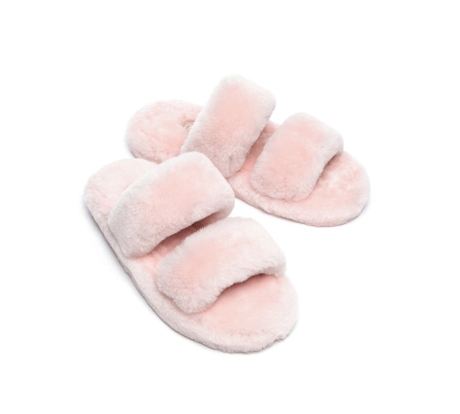 Australian Shepherd Double Strap Sheepskin Wool Fluffy Slides Women Jessica-Slides-PEROZ Accessories