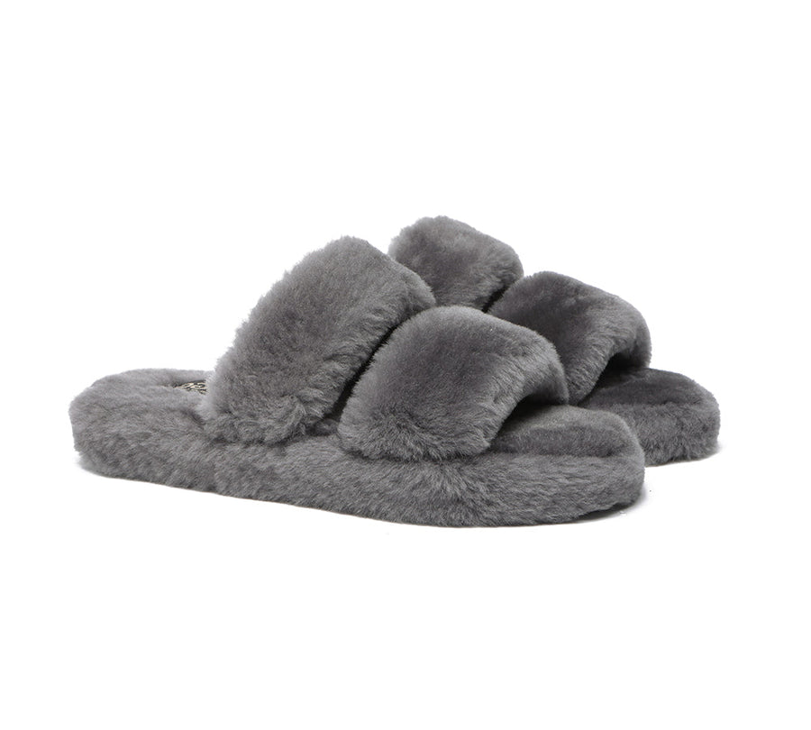 Australian Shepherd Double Strap Sheepskin Wool Fluffy Slides Women Jessica-Slides-PEROZ Accessories