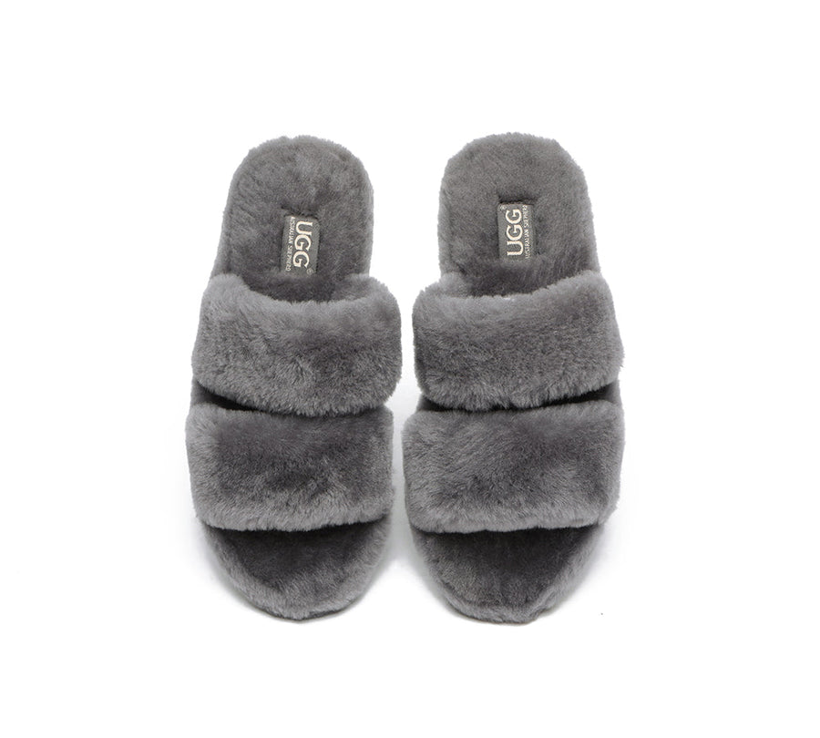 Australian Shepherd Double Strap Sheepskin Wool Fluffy Slides Women Jessica-Slides-PEROZ Accessories