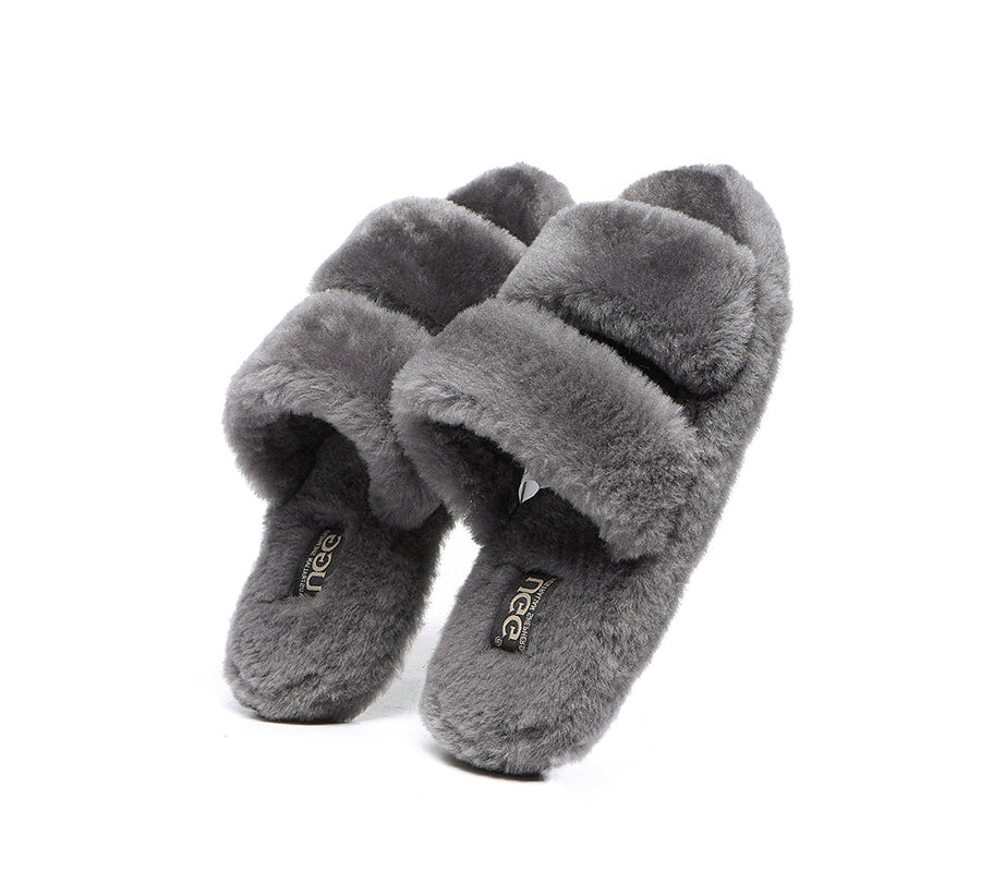 Australian Shepherd Double Strap Sheepskin Wool Fluffy Slides Women Jessica-Slides-PEROZ Accessories
