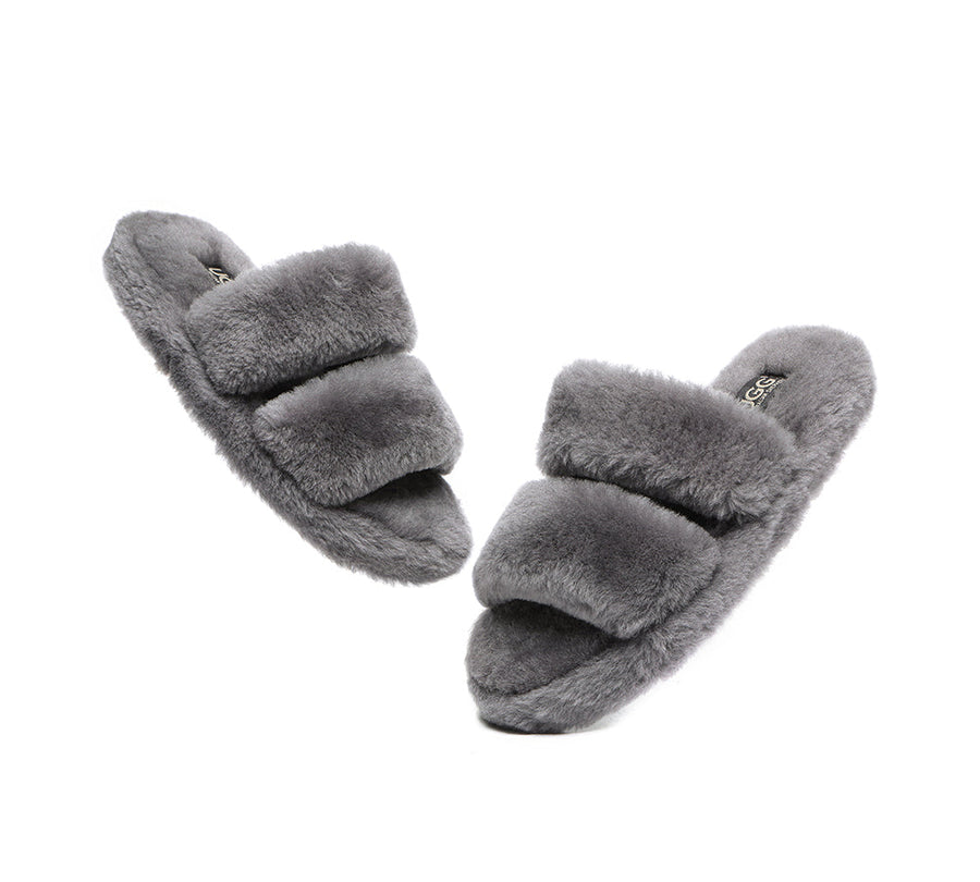 Australian Shepherd Double Strap Sheepskin Wool Fluffy Slides Women Jessica-Slides-PEROZ Accessories
