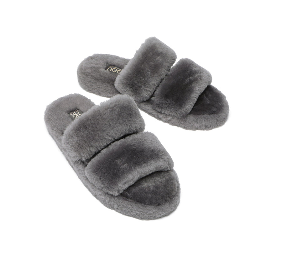Australian Shepherd Double Strap Sheepskin Wool Fluffy Slides Women Jessica-Slides-PEROZ Accessories