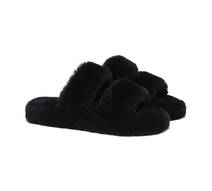 Australian Shepherd Double Strap Sheepskin Wool Fluffy Slides Women Jessica-Slides-PEROZ Accessories