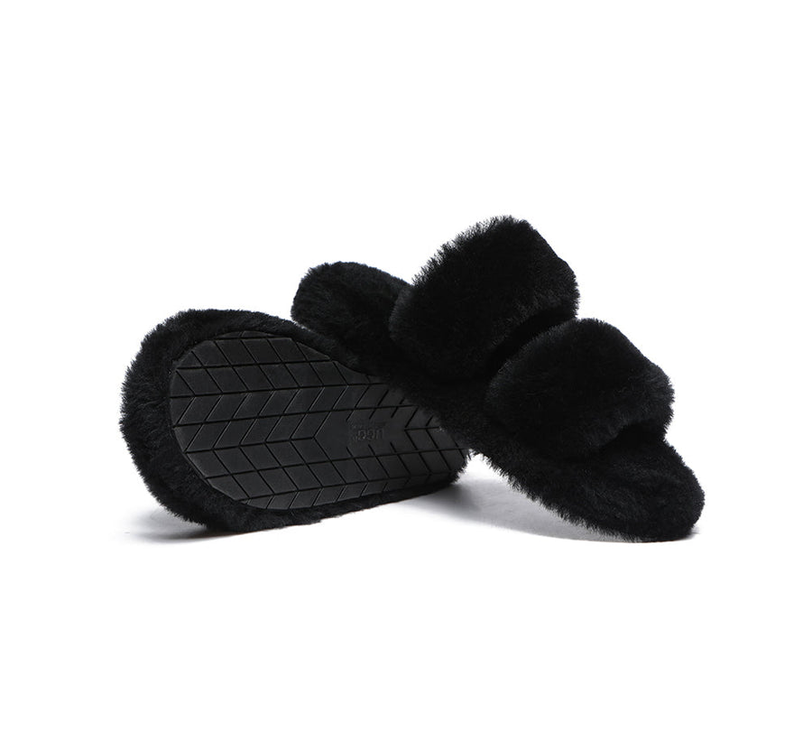 Australian Shepherd Double Strap Sheepskin Wool Fluffy Slides Women Jessica-Slides-PEROZ Accessories