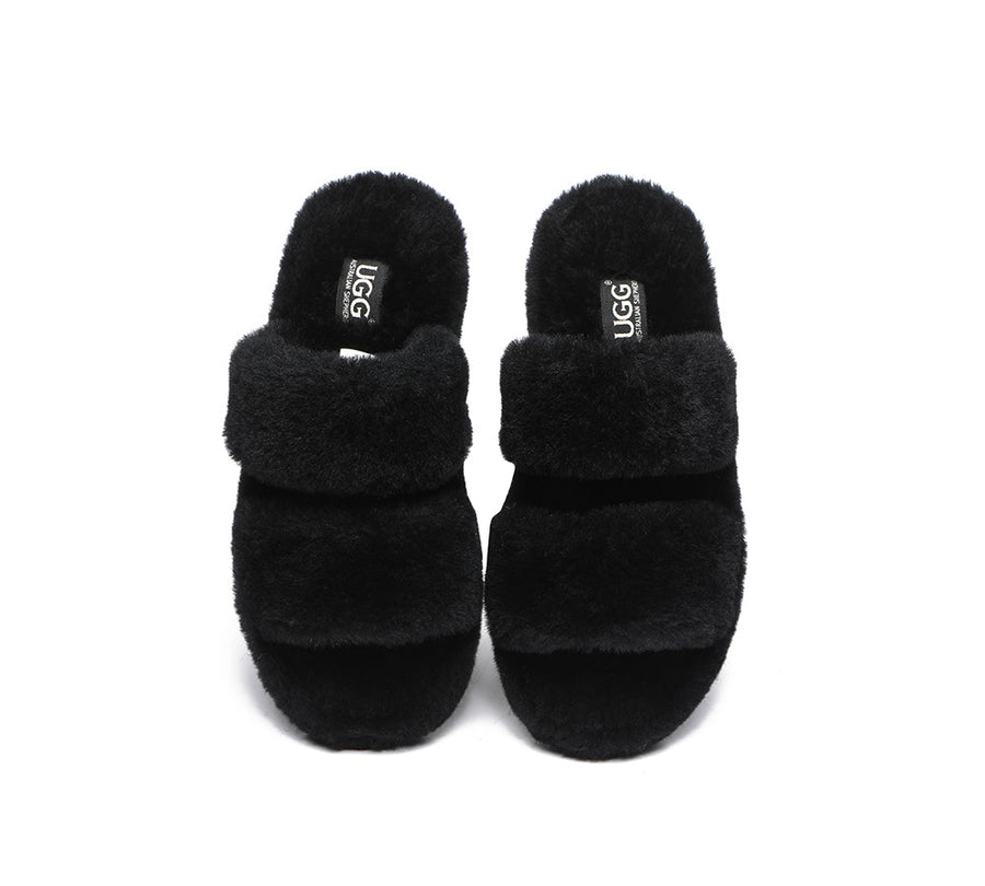 Australian Shepherd Double Strap Sheepskin Wool Fluffy Slides Women Jessica-Slides-PEROZ Accessories