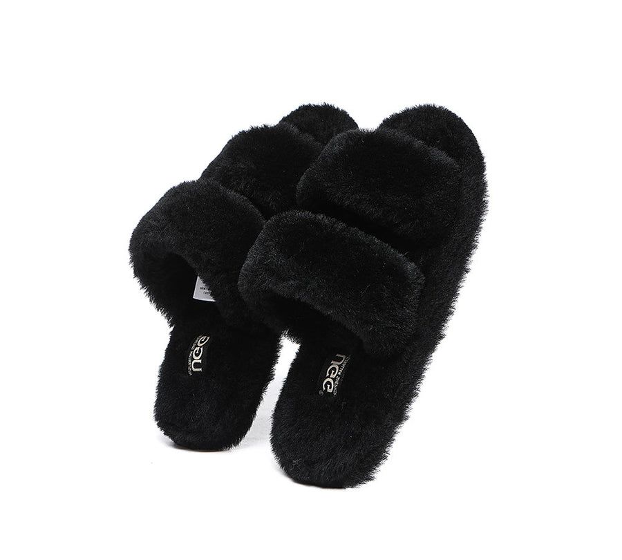 Australian Shepherd Double Strap Sheepskin Wool Fluffy Slides Women Jessica-Slides-PEROZ Accessories