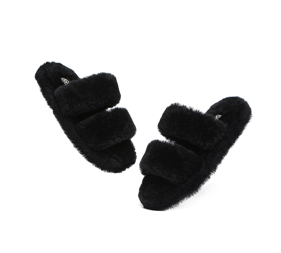 Australian Shepherd Double Strap Sheepskin Wool Fluffy Slides Women Jessica-Slides-PEROZ Accessories