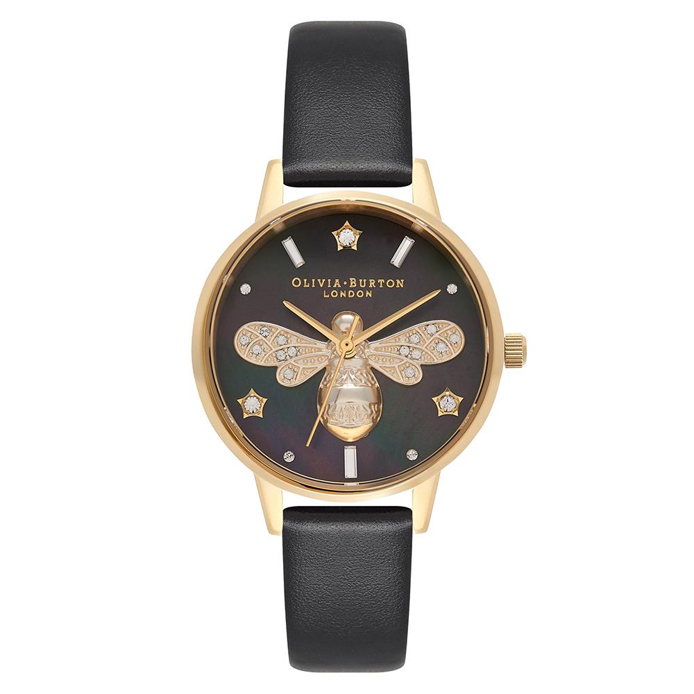 Olivia Burton Black Leather Black Mother-Of-Pearl Dial Ladies Watch - OB16GB08-Quartz Watches-PEROZ Accessories