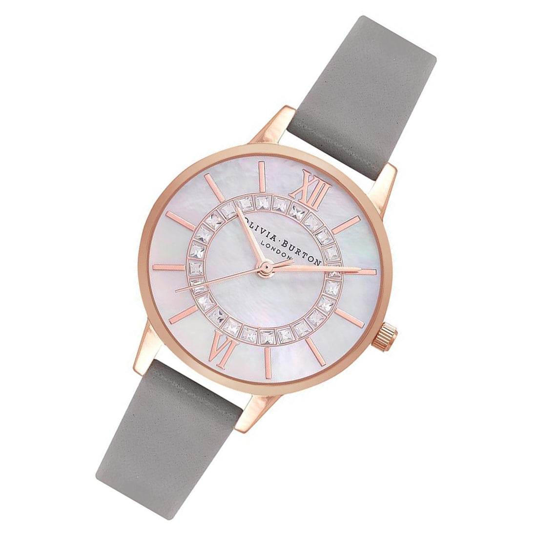 Olivia Burton Steel Grey Leather White Mother Of Pearl &amp; Stone Dial Ladies Watch - OB16WD92-Quartz Watches-PEROZ Accessories