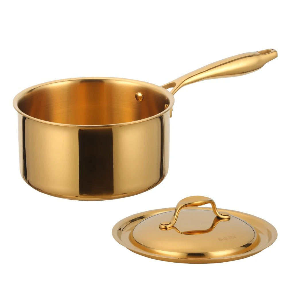 Anygleam Cookware Saucepan Gold 304 Stainless Stainless Milk Pot Soup Noodle Small Pot Dormitory Thickening with Lid Long Handle Induction-Pots-PEROZ Accessories