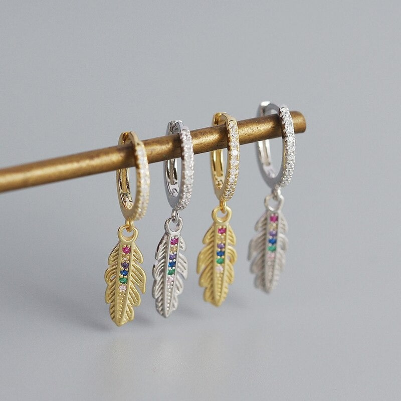 Anyco Drop Fashion Earrings Luxury Zircon Feather Pendant Women Jewelry Gift Gold-Earrings-PEROZ Accessories