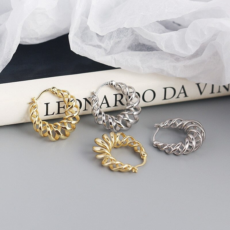 Anyco Earrings Hip Hop Punk Hollow Twisted Sterling Silver Unique Exaggerated Hoop Piercing For Women Jewelry-Earrings-PEROZ Accessories