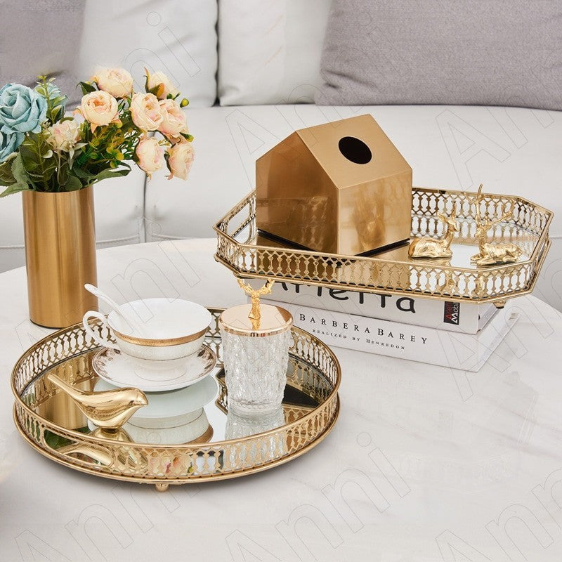 Anyhouz 29cm Gold Rectangle Glass Mirror Base Metal Vanity Food Serving Organisr Jewelry Cosmetics Storage Tray with Handle-Food & Accessory Tray-PEROZ Accessories