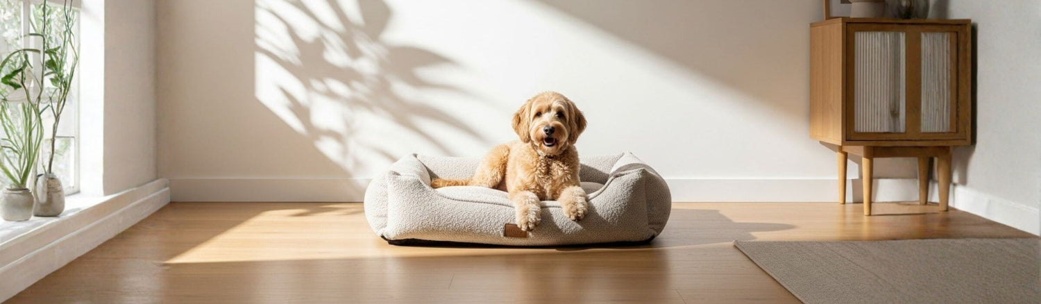 Luxury plush dog bed with a medium dog lying comfortably in a bright modern Australian home - Shop Comfortable Pet Beds at Peroz Australia.