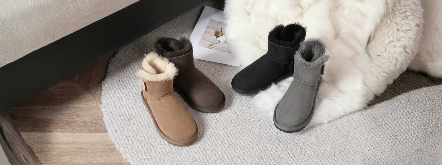 mini UGG boots in chestnut, chocolate, black, and grey colours on a cozy rug — genuine sheepskin mini UGG boots available at Peroz Australia