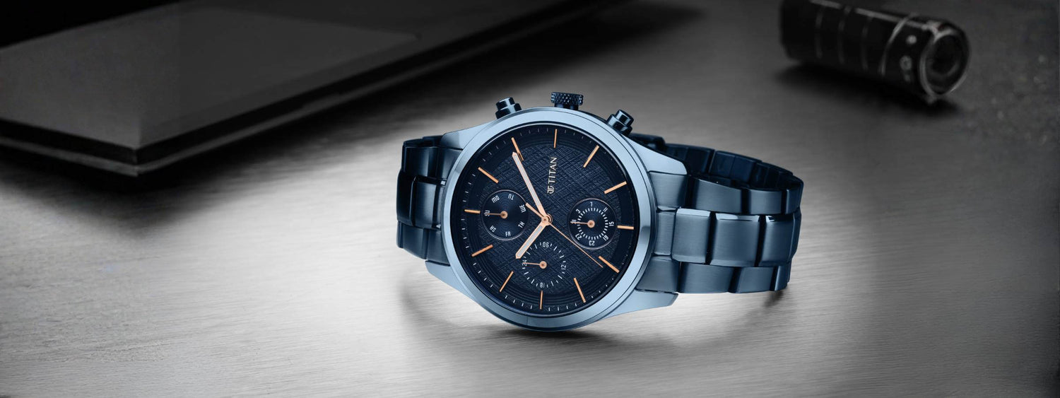 Stylish Titan men’s chronograph watch in navy blue with stainless steel strap – explore premium Titan men’s watches at Peroz Australia.