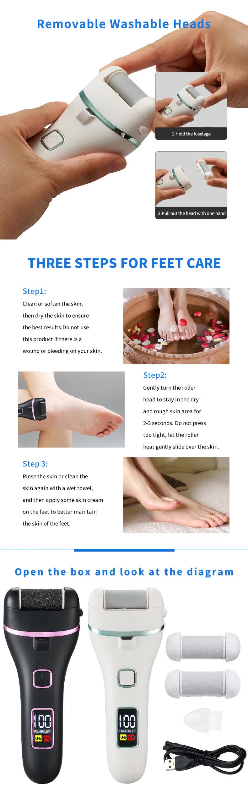 017 White Electric Foot Callus Remover - Rechargeable Waterproof Pedicure Tool with Automatic Dead Skin Removal-Foot Care-PEROZ Accessories