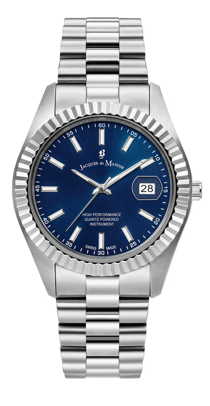 Jacques Du Manoir Swiss Inspiration Business Date Silver Blue Watch-PEROZ Accessories