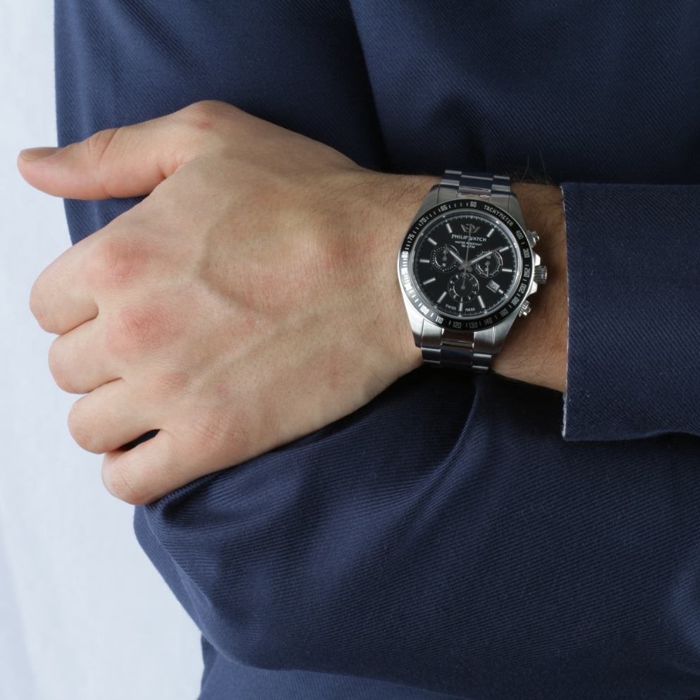 Philip Watch Caribe Black Stainless Steel Bracelet Chronograph-Watches-PEROZ Accessories
