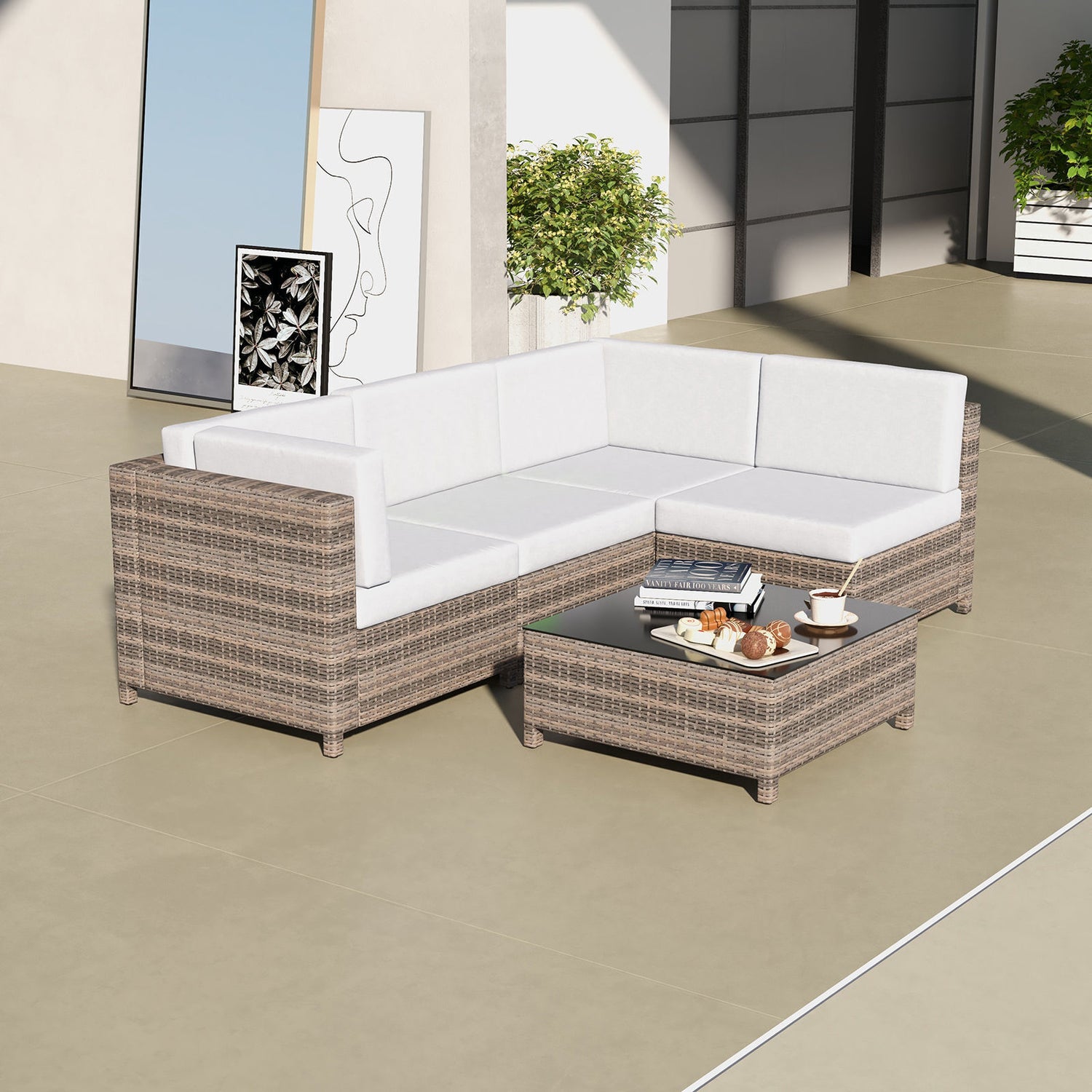 Milano Decor 5 Piece Outdoor Sofa Set Rattan Oatmeal Black Patio Garden Lounge-Outdoor Sofa/Lounge Sets-PEROZ Accessories