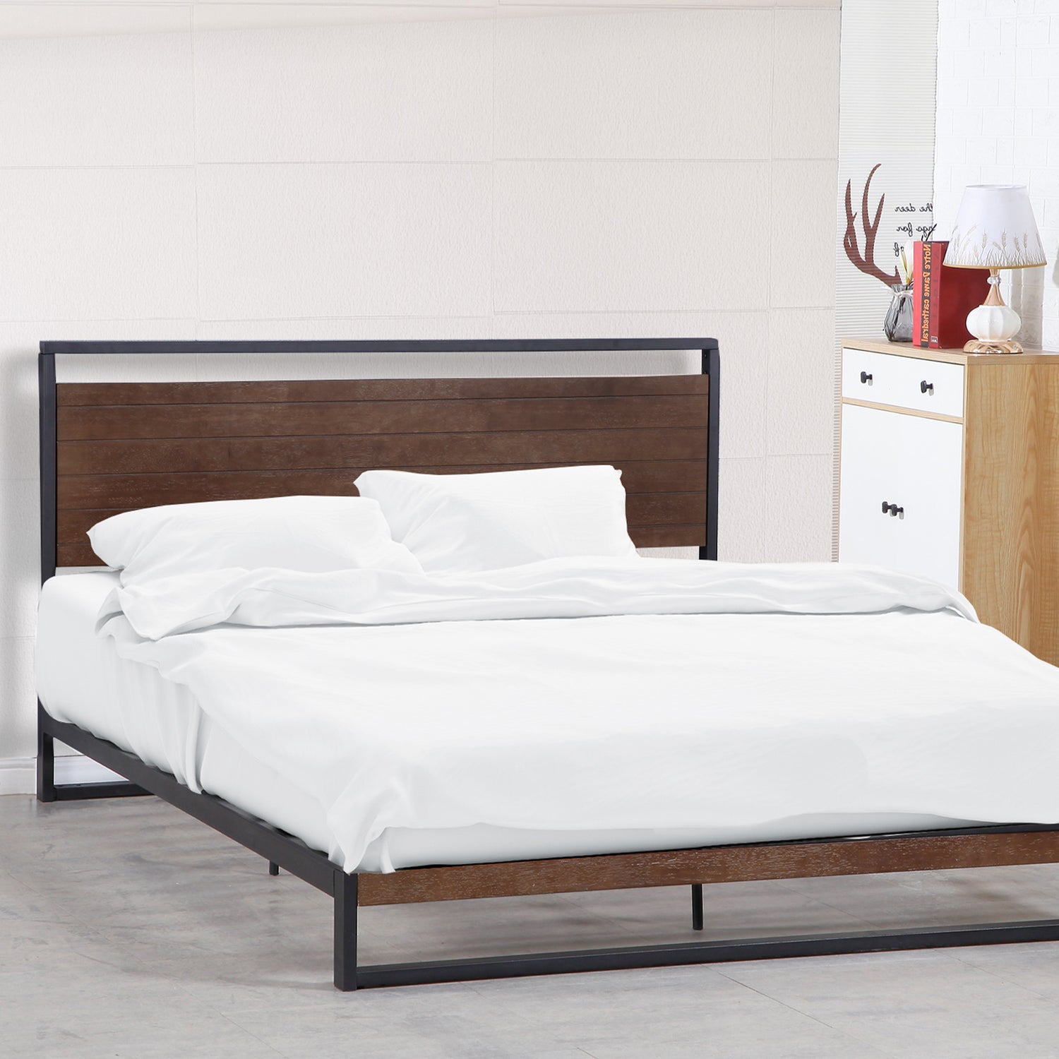 Milano Decor Azure Bed Frame With Headboard Wood Steel Platform Bed-Bed Frames &amp; Bases-PEROZ Accessories