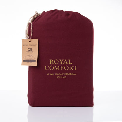 Royal Comfort Vintage Wash 100% Cotton Sheet Set Fitted Flat Sheet Pillowcases-Bed Linen-PEROZ Accessories