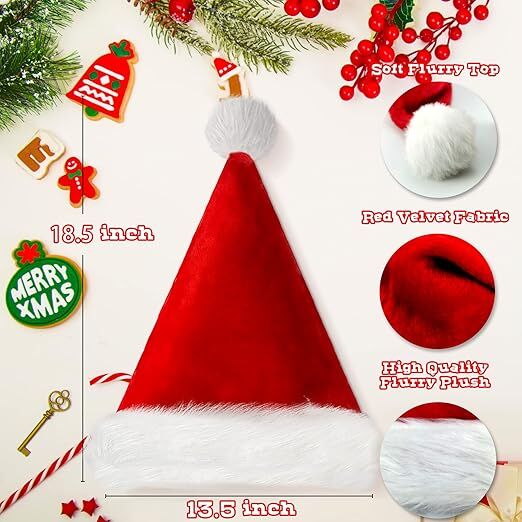 10Pack Christmas Santa Hats for Adults - Extra Thicken Velvet Santa Claus Hats for Women Men Fluffy Plush Xmas Hats Christmas Party Supplies New Year&