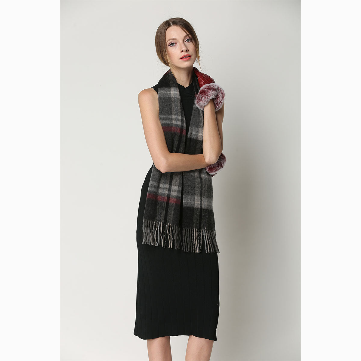 Ugg Cashmere &amp; Wool Scarf Grey and Camel (Check)-Scarves-PEROZ Accessories