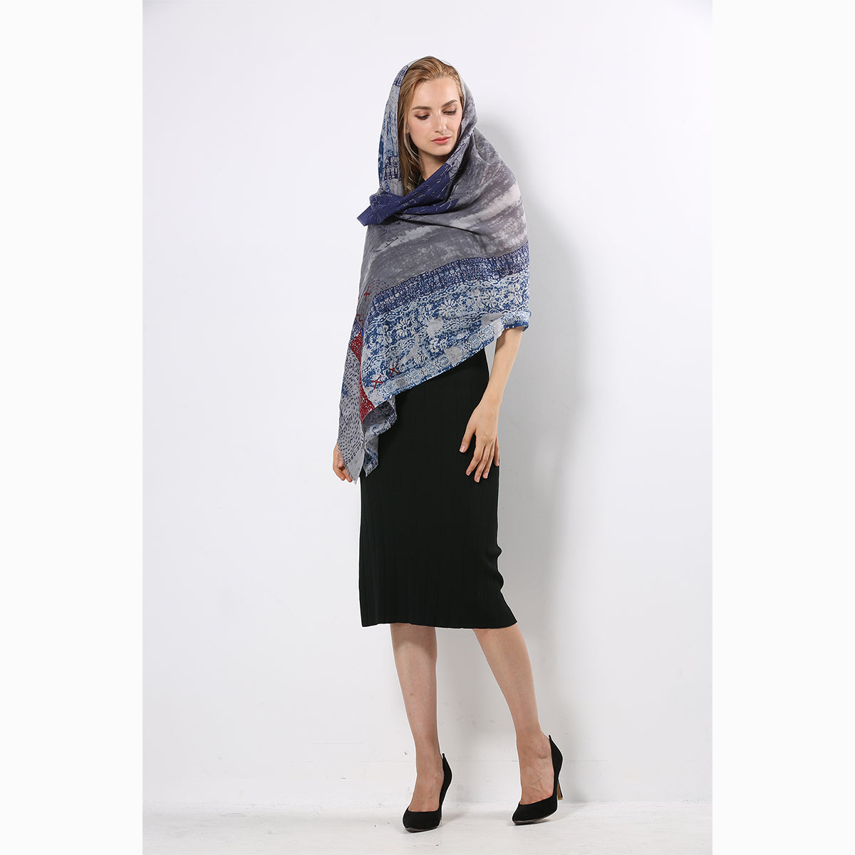 Ugg 100% Australian Merino Wool Scarf Blue Grey-Scarves-PEROZ Accessories