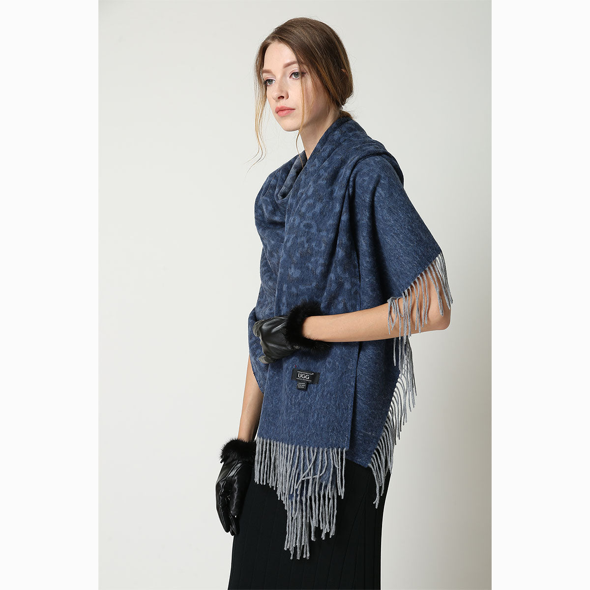 Ugg Cashmere &amp; Wool Wrap Navy and Grey-Wrap-PEROZ Accessories