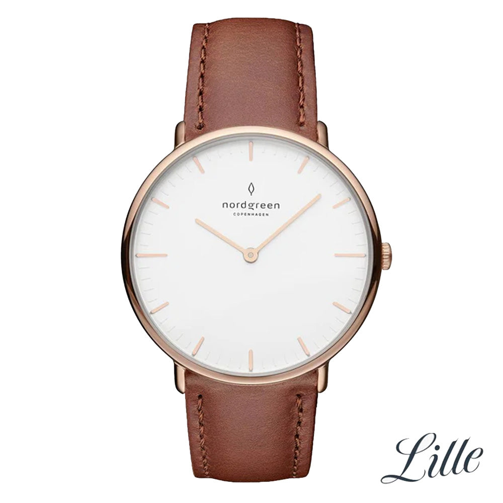 Nordgreen Native 32mm Rose Gold Case Brown Leather Strap Watch-PEROZ Accessories