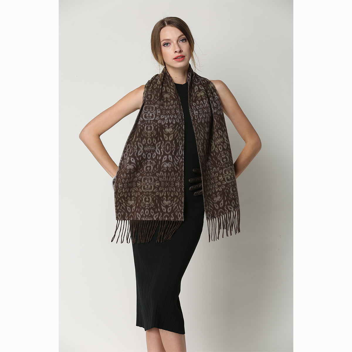 Ugg Cashmere &amp; Wool Scarf Chocolate and Tan-Scarves-PEROZ Accessories