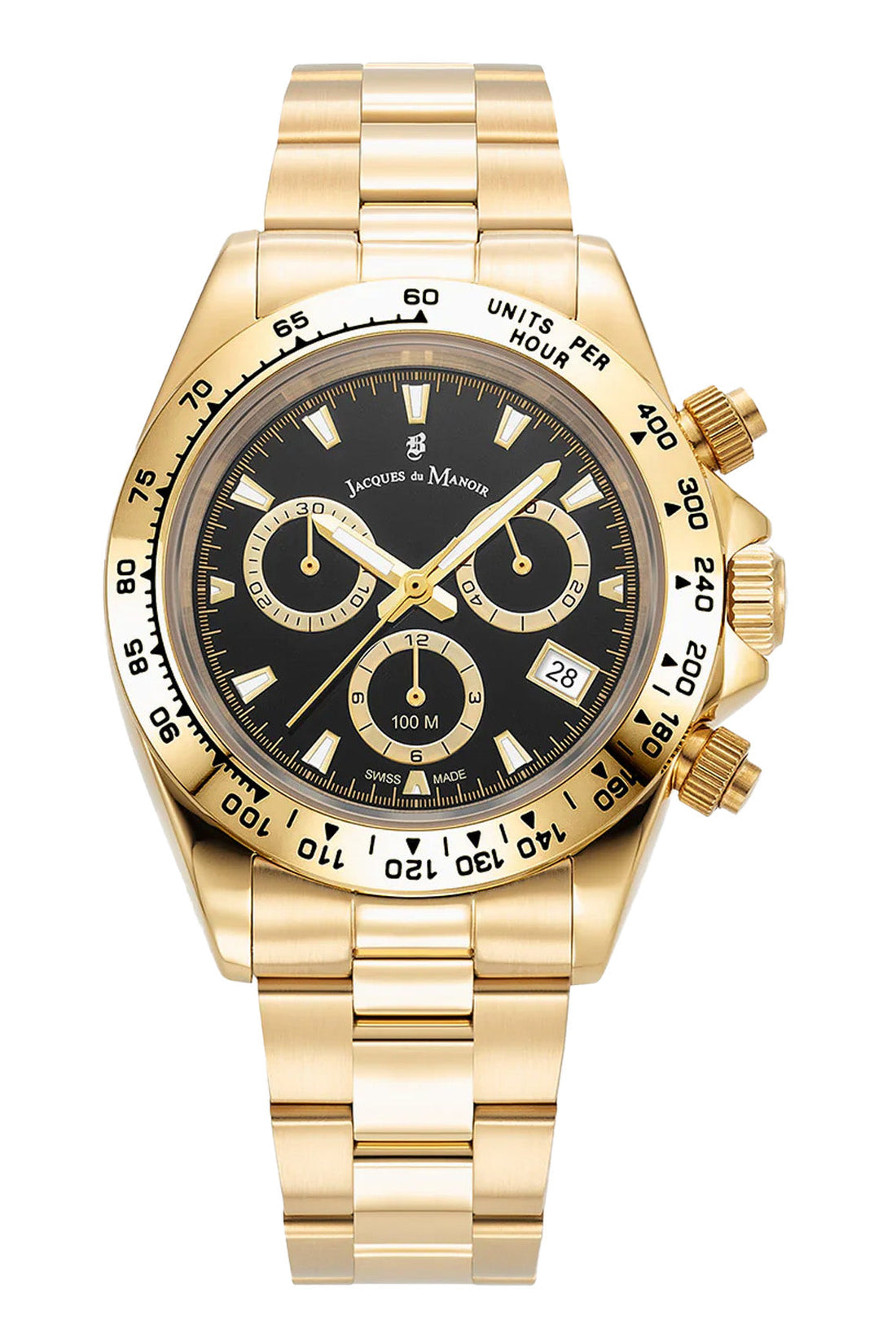 Jacques Du Manoir Swiss Phoenix Chrono 40mm 100m Water Resistant Black Dial Gold Stainless Steel Strap Watch-PEROZ Accessories